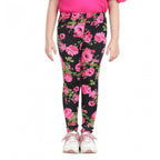 Girl's Cotton Lycra Floral Elasticated Jeggings (Black-Pink)