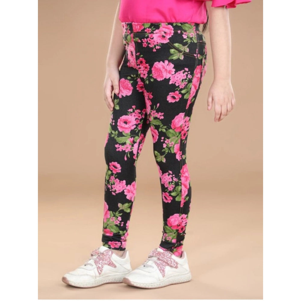 Girl's Cotton Lycra Floral Elasticated Jeggings (Black-Pink)