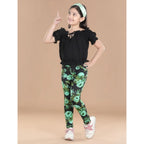 Girl's Cotton Lycra Floral Elasticated Jeggings (Black-Green)
