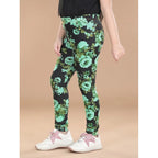 Girl's Cotton Lycra Floral Elasticated Jeggings (Black-Green)