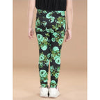 Girl's Cotton Lycra Floral Elasticated Jeggings (Black-Green)
