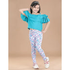 Girl's Cotton Lycra Floral Elasticated Jeggings (White-Turquoise Blue)
