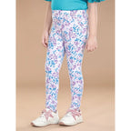 Girl's Cotton Lycra Floral Elasticated Jeggings (White-Turquoise Blue)