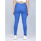 Girl's Cotton Lycra Solid Elasticated Jeggings (Blue)