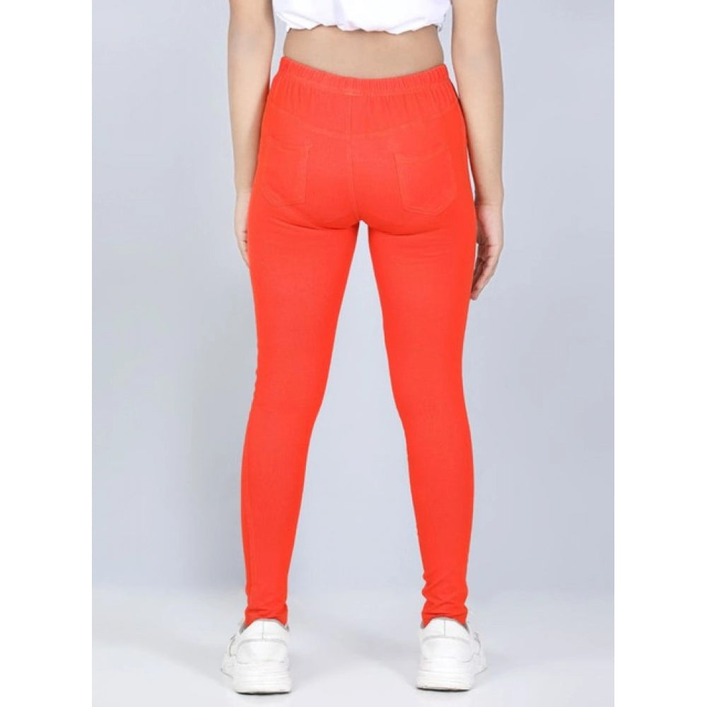 Girl's Cotton Lycra Solid Elasticated Jeggings (Orange)