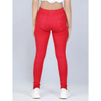 Girl's Cotton Lycra Solid Elasticated Jeggings (Red)