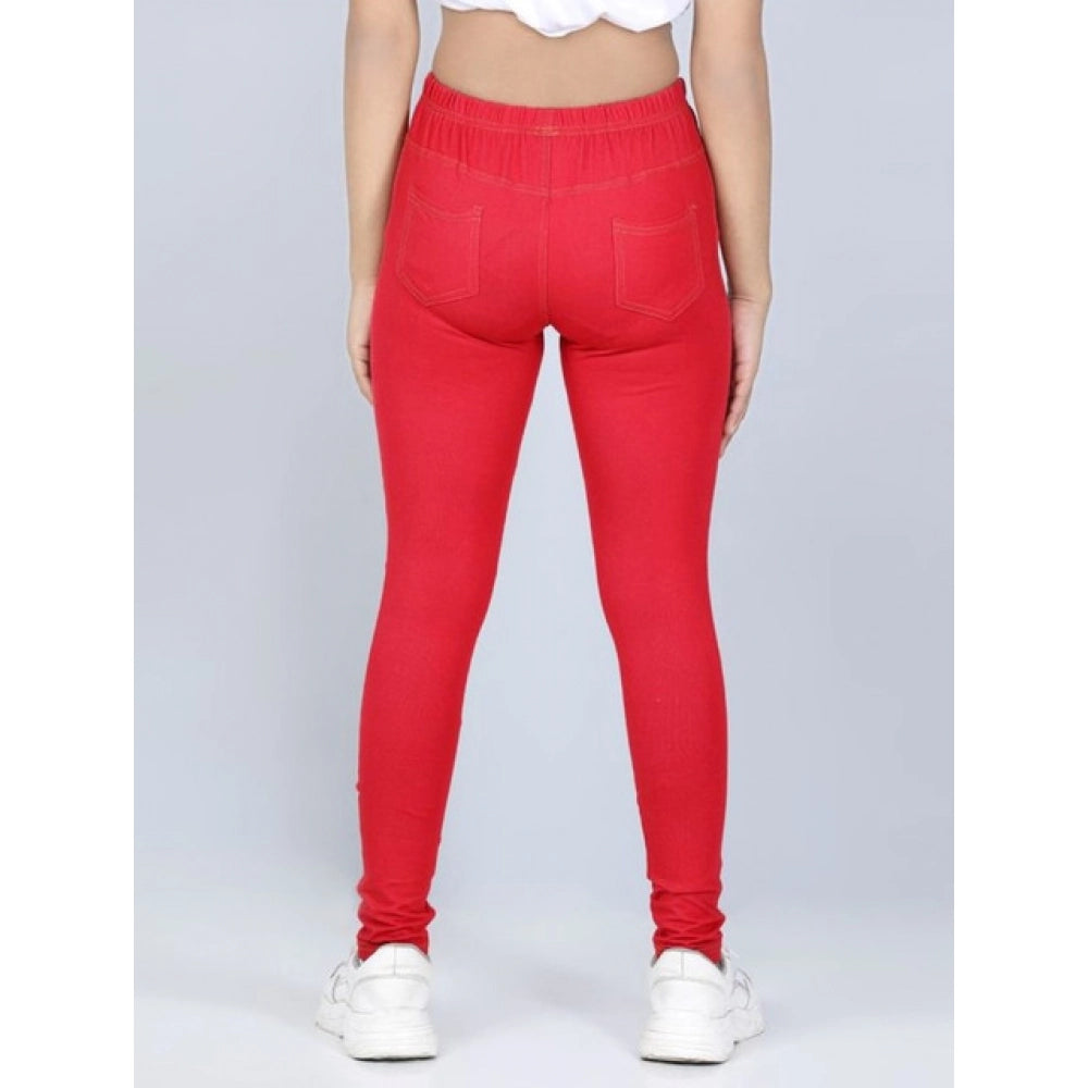 Girl's Cotton Lycra Solid Elasticated Jeggings (Red)