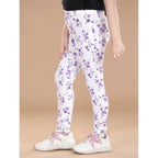 Girl's Cotton Lycra Floral Elasticated Jeggings (White-Lavender)