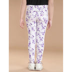 Girl's Cotton Lycra Floral Elasticated Jeggings (White-Lavender)