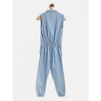 Girl's Denim Embellished Sleeveless Jumpsuit (Blue)