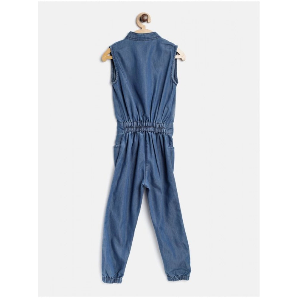 Girl's Denim Embellished Sleeveless Jumpsuit (Blue)