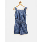 Girl's Denim Embroidered Sleeveless Jumpsuit (Blue)