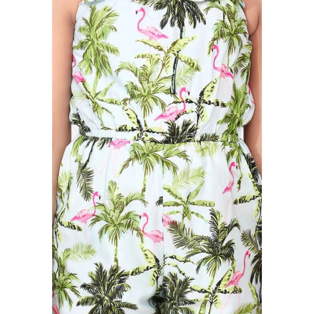 Girl's Denim Embroidered Sleeveless Jumpsuit (White-Green)