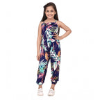 Girl's Rayon Printed Sleeveless Jumpsuit (Blue-Multicolor)
