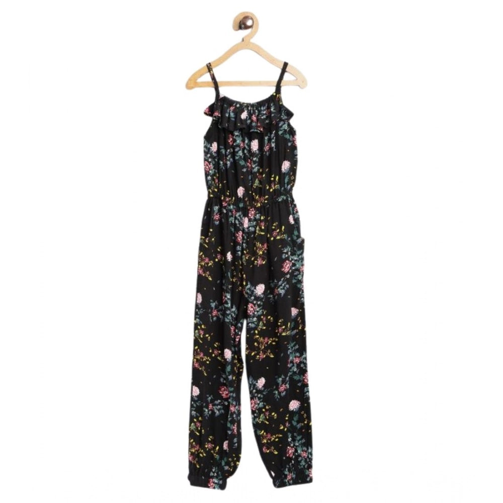Girl's Rayon Floral Sleeveless Jumpsuit (Black-Pink)