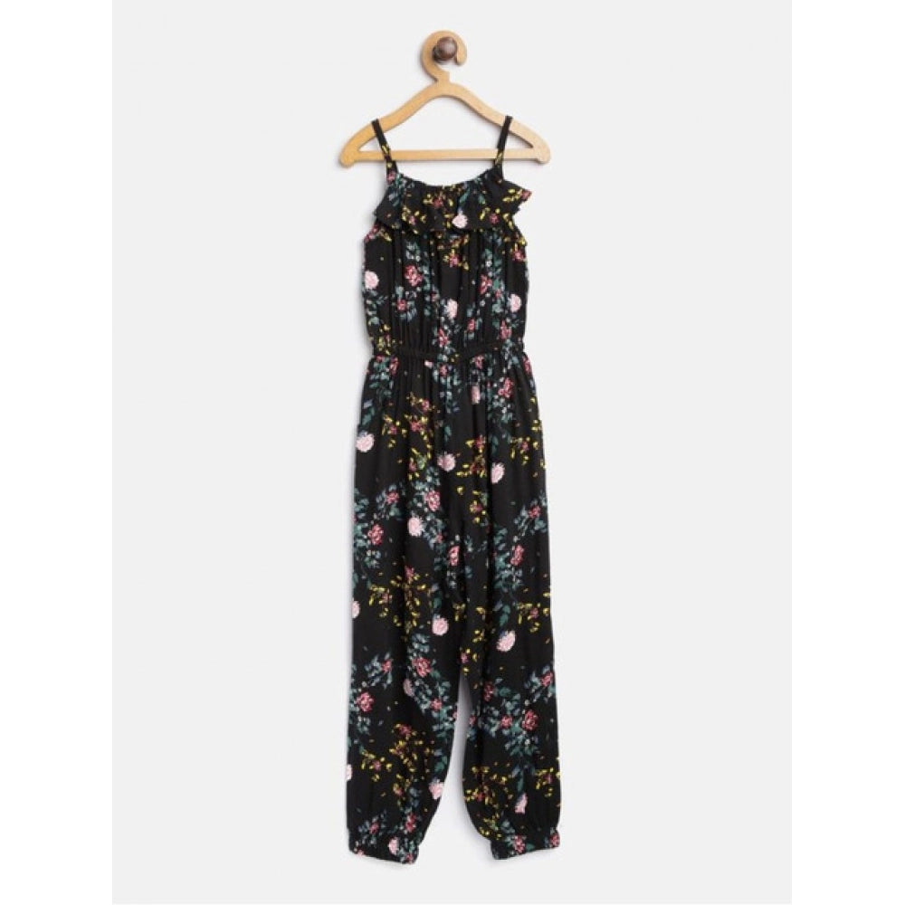 Girl's Rayon Floral Sleeveless Jumpsuit (Black-Pink)