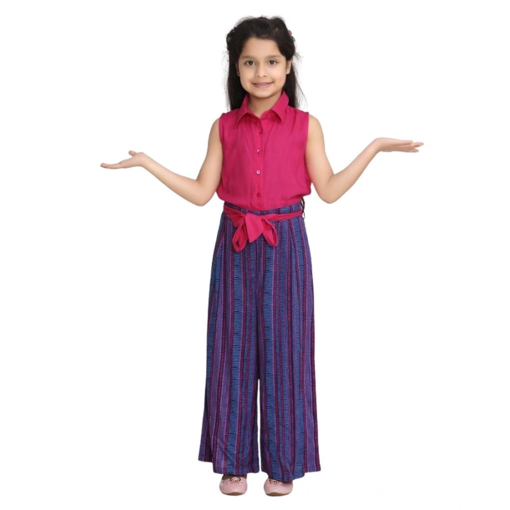 Girl's Rayon Colour Block Sleeveless Jumpsuit (Pink-Blue)