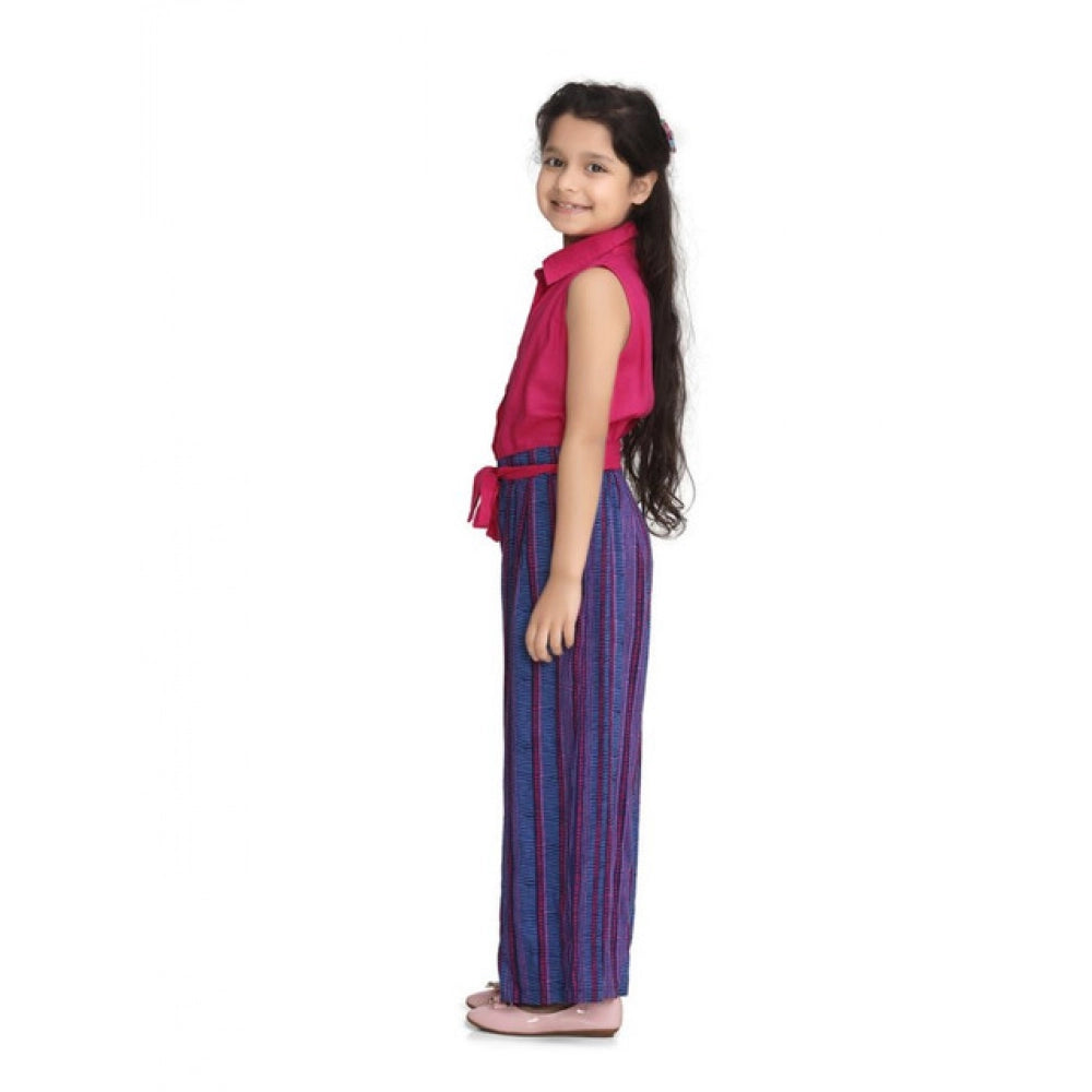 Girl's Rayon Colour Block Sleeveless Jumpsuit (Pink-Blue)