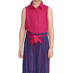 Girl's Rayon Colour Block Sleeveless Jumpsuit (Pink-Blue)