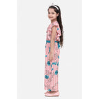 Girl's Rayon Floral Flutter Jumpsuit (Pink-Blue)