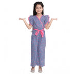 Girl's Cotton Striped Flutter Jumpsuit (Blue-Pink)