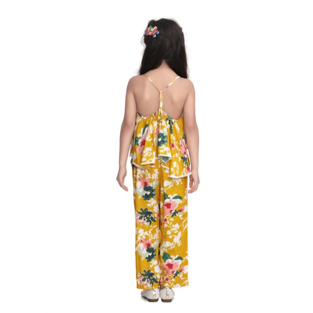 Girl's Rayon Floral Shoulder Straps Jumpsuit (Mustard)