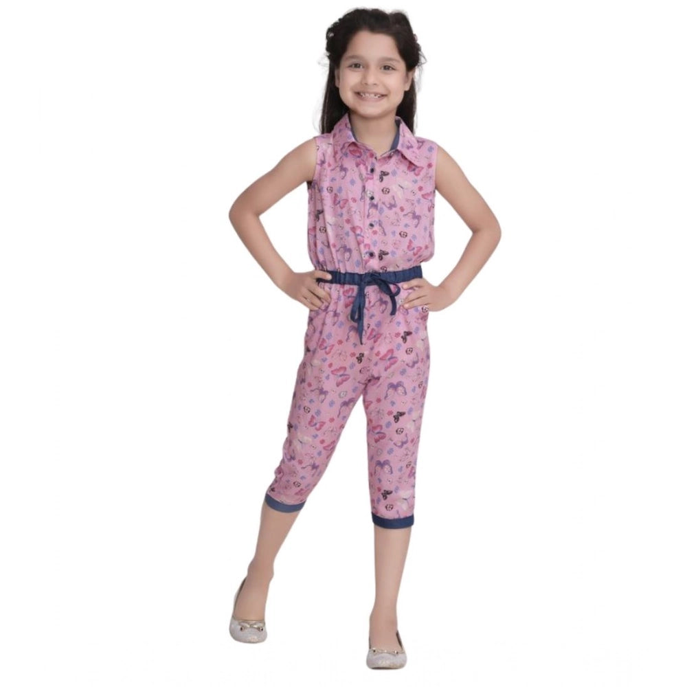 Girl's Cotton Printed Sleeveless Jumpsuit (Pink)