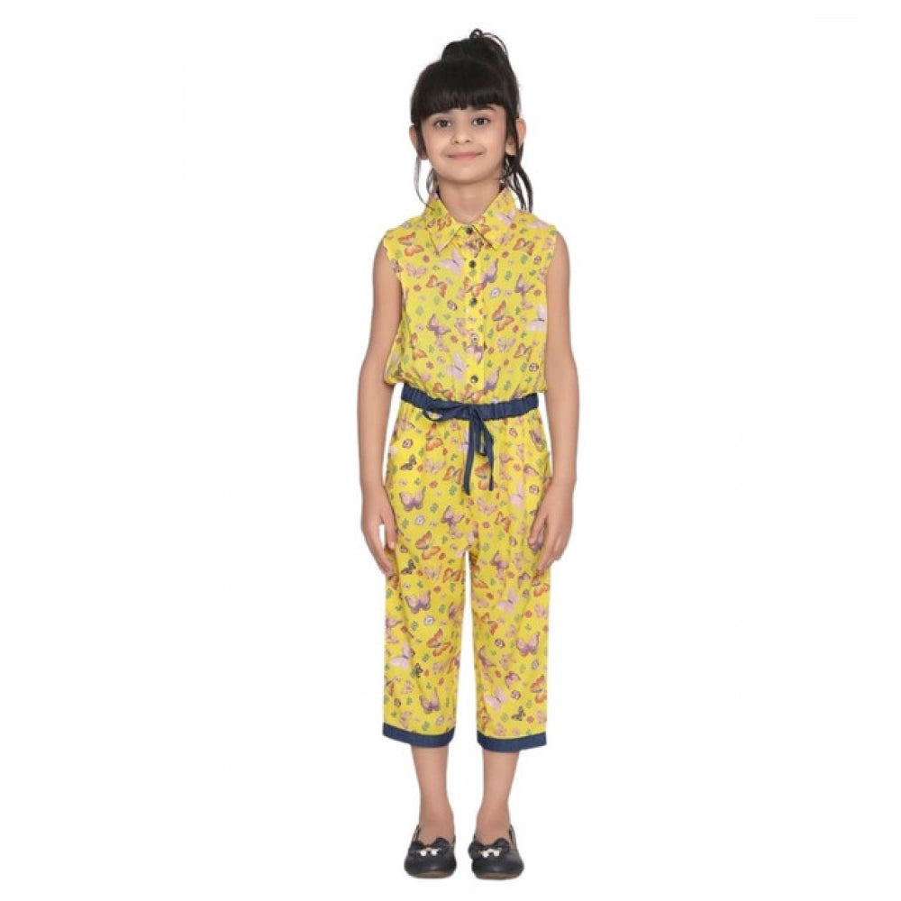Girl's Cotton Printed Sleeveless Jumpsuit (Yellow)