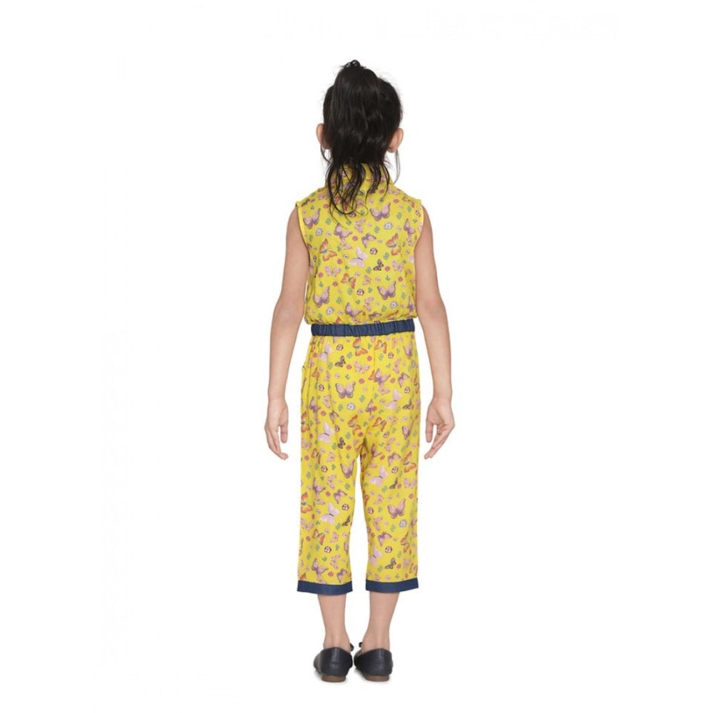Girl's Cotton Printed Sleeveless Jumpsuit (Yellow)