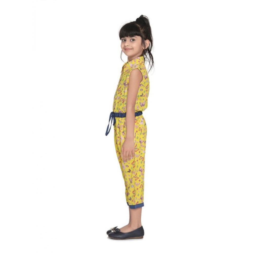 Girl's Cotton Printed Sleeveless Jumpsuit (Yellow)