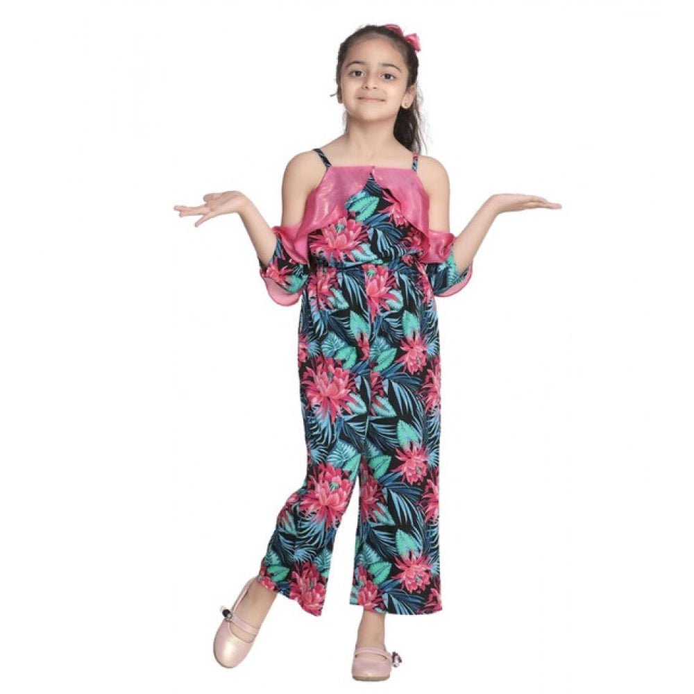 Girl's Polyester Floral Cold Shoulder Jumpsuit (Pink)