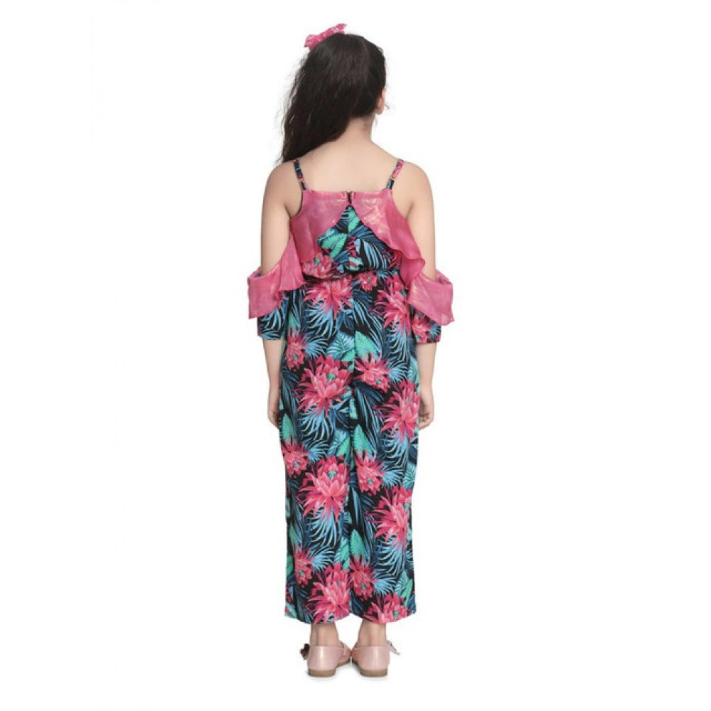 Girl's Polyester Floral Cold Shoulder Jumpsuit (Pink)