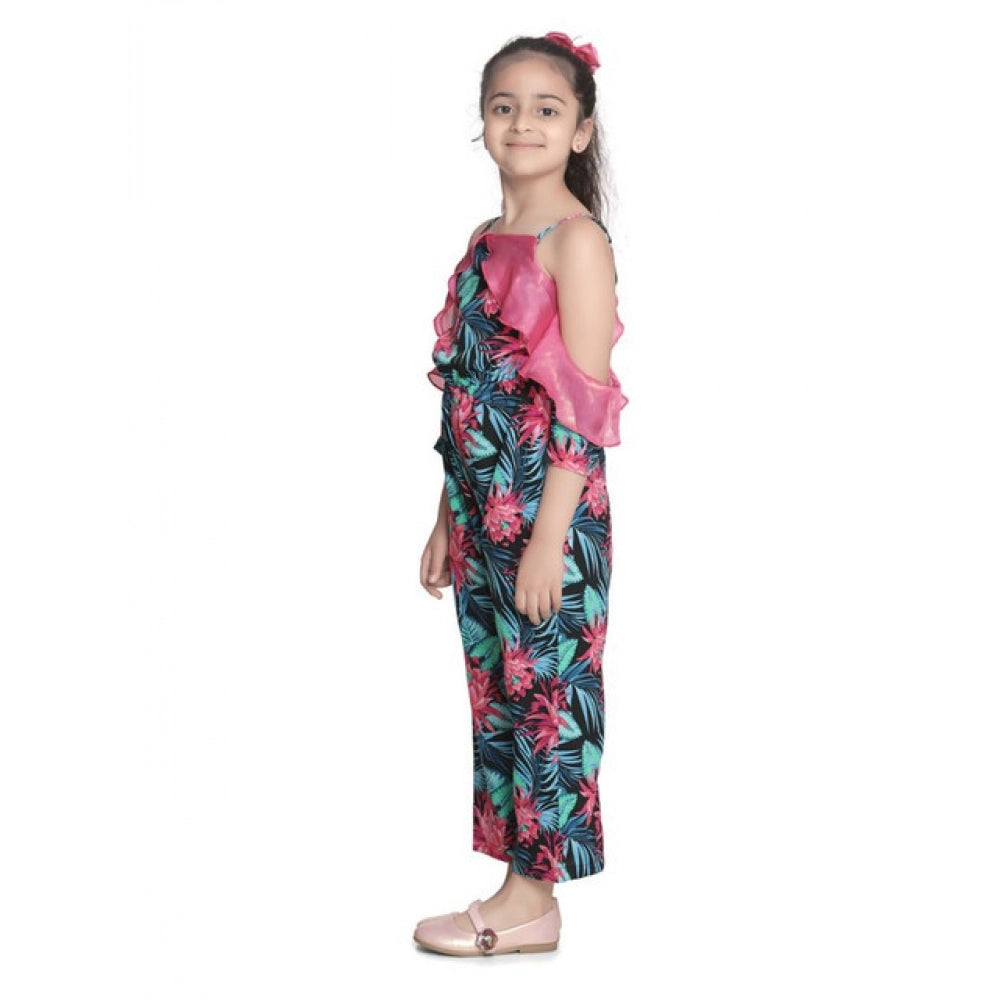 Girl's Polyester Floral Cold Shoulder Jumpsuit (Pink)