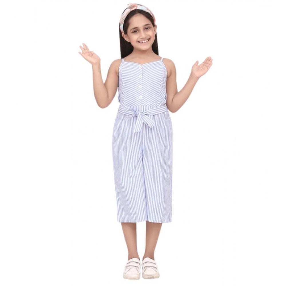 Girl's Polyester Cotton Blend Striped Sleeveless Jumpsuit (Light Blue)