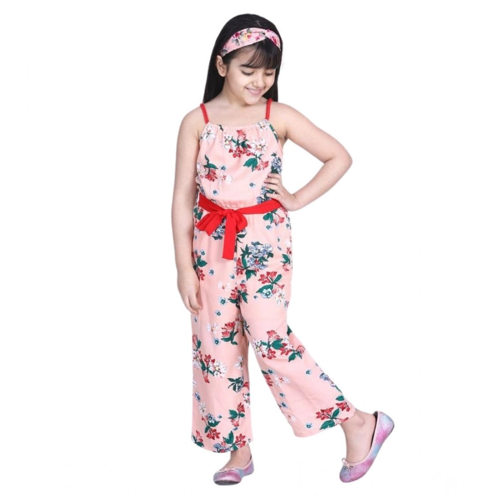 Girl's Polyester Crepe Floral Shoulder Straps Jumpsuit (Peach-Red)