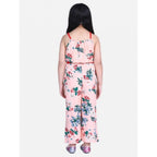 Girl's Polyester Crepe Floral Shoulder Straps Jumpsuit (Peach-Red)