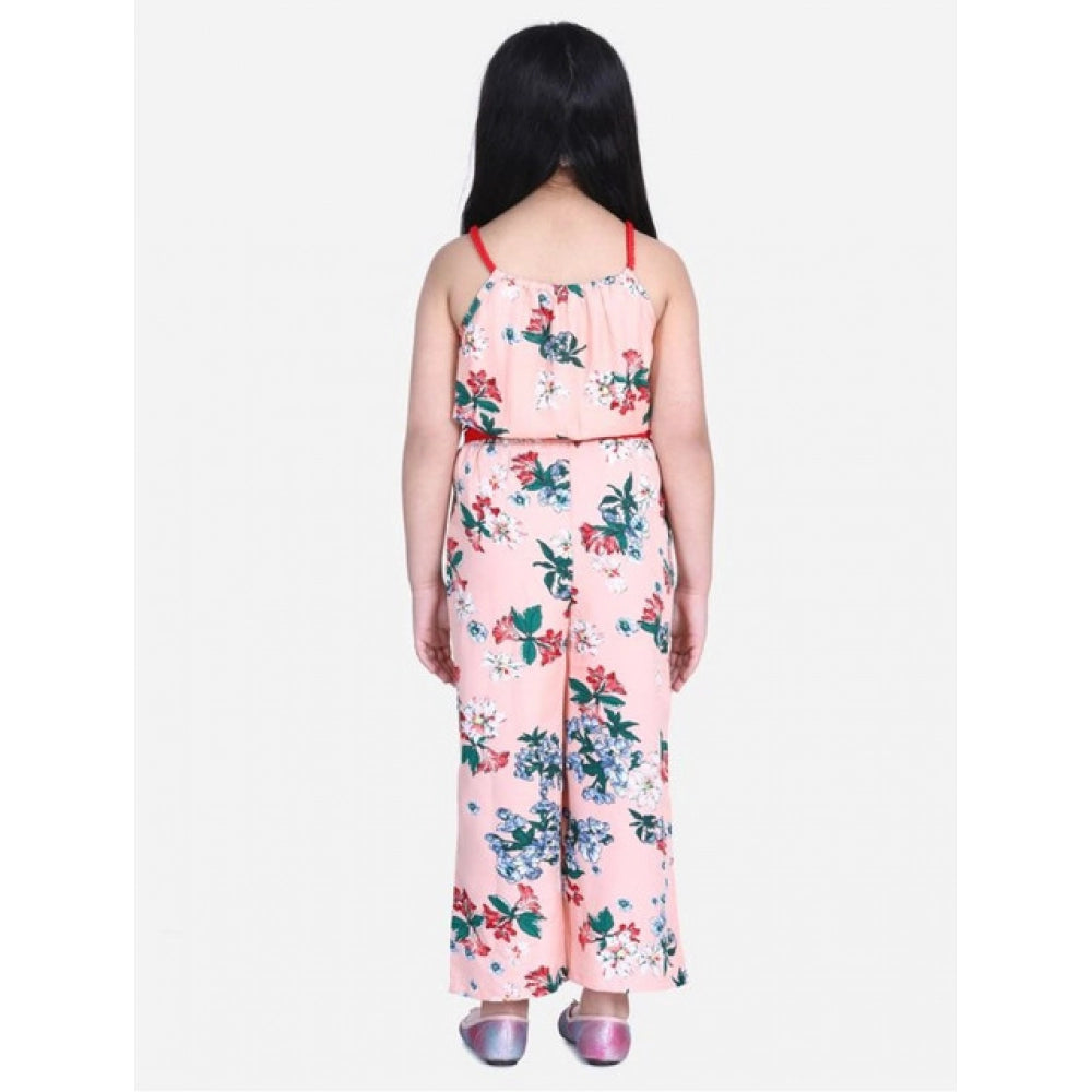 Girl's Polyester Crepe Floral Shoulder Straps Jumpsuit (Peach-Red)