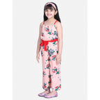 Girl's Polyester Crepe Floral Shoulder Straps Jumpsuit (Peach-Red)