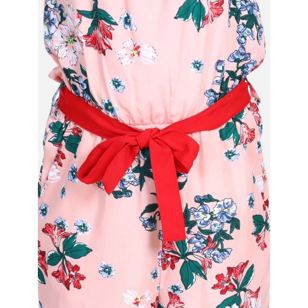 Girl's Polyester Crepe Floral Shoulder Straps Jumpsuit (Peach-Red)