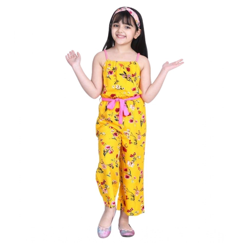 Girl's Polyester Crepe Floral Shoulder Straps Jumpsuit (Yellow-Pink)
