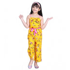 Girl's Polyester Crepe Floral Shoulder Straps Jumpsuit (Yellow-Pink)