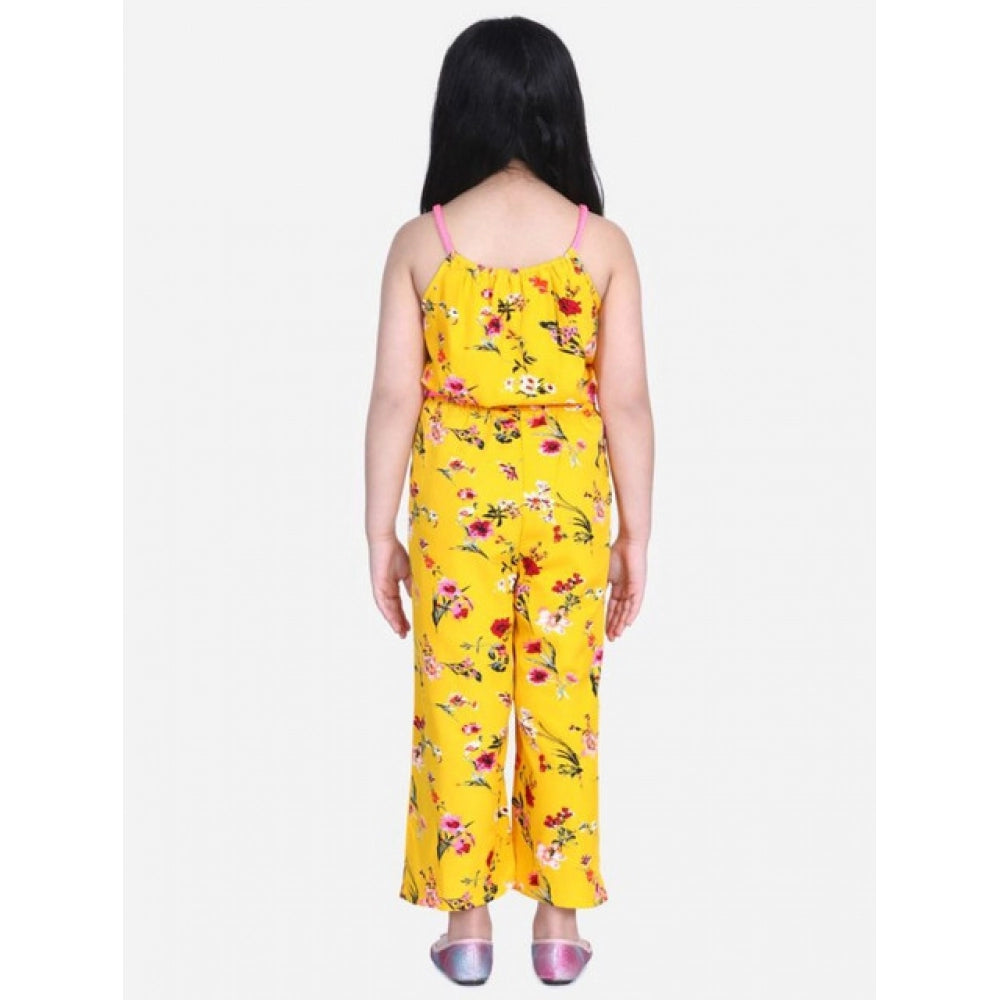 Girl's Polyester Crepe Floral Shoulder Straps Jumpsuit (Yellow-Pink)