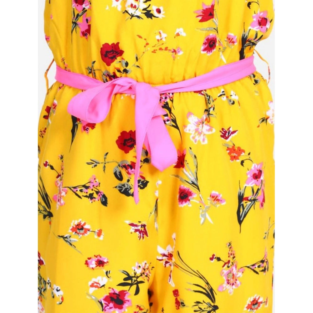 Girl's Polyester Crepe Floral Shoulder Straps Jumpsuit (Yellow-Pink)