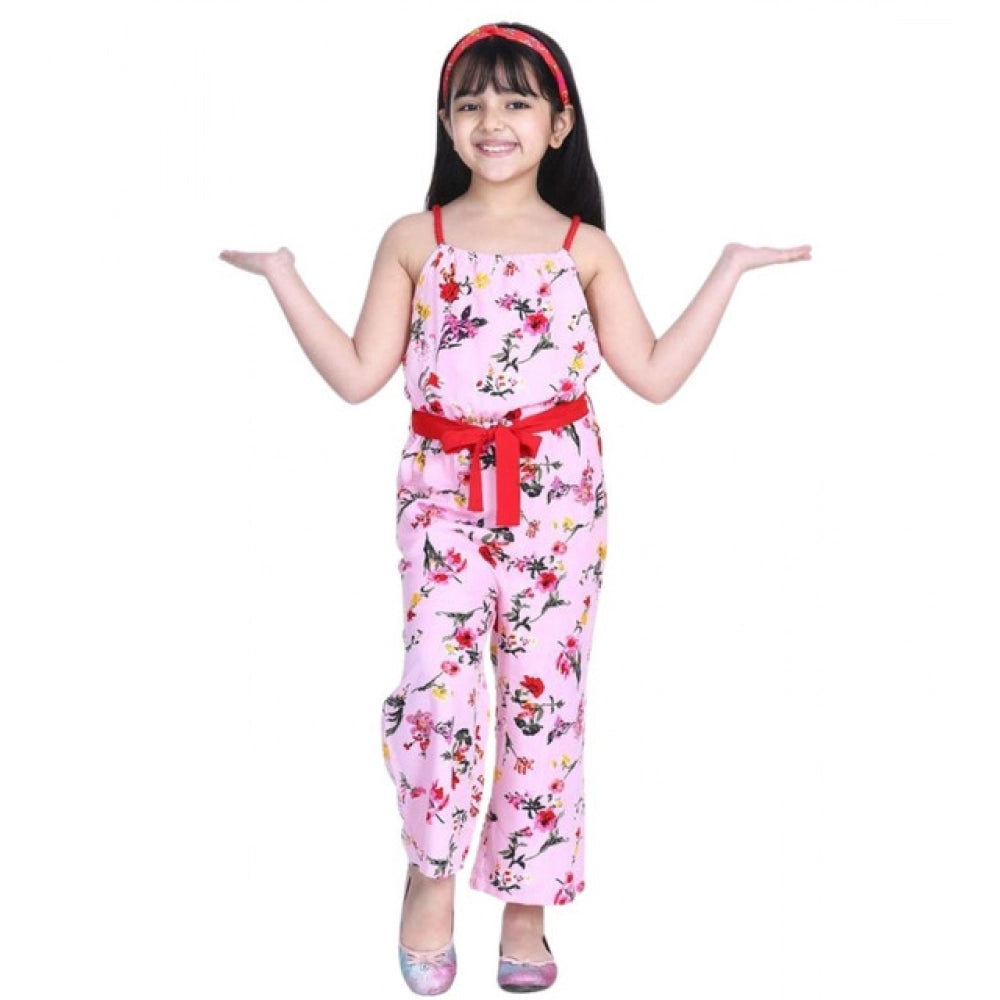 Girl's Polyester Crepe Floral Shoulder Straps Jumpsuit (Pink-Red)
