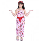 Girl's Polyester Crepe Floral Shoulder Straps Jumpsuit (Pink-Red)