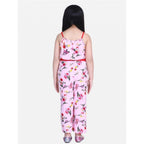 Girl's Polyester Crepe Floral Shoulder Straps Jumpsuit (Pink-Red)