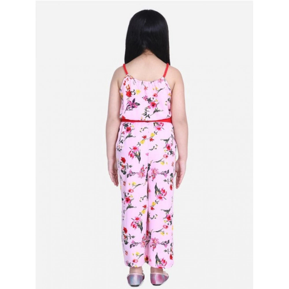 Girl's Polyester Crepe Floral Shoulder Straps Jumpsuit (Pink-Red)