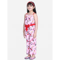 Girl's Polyester Crepe Floral Shoulder Straps Jumpsuit (Pink-Red)