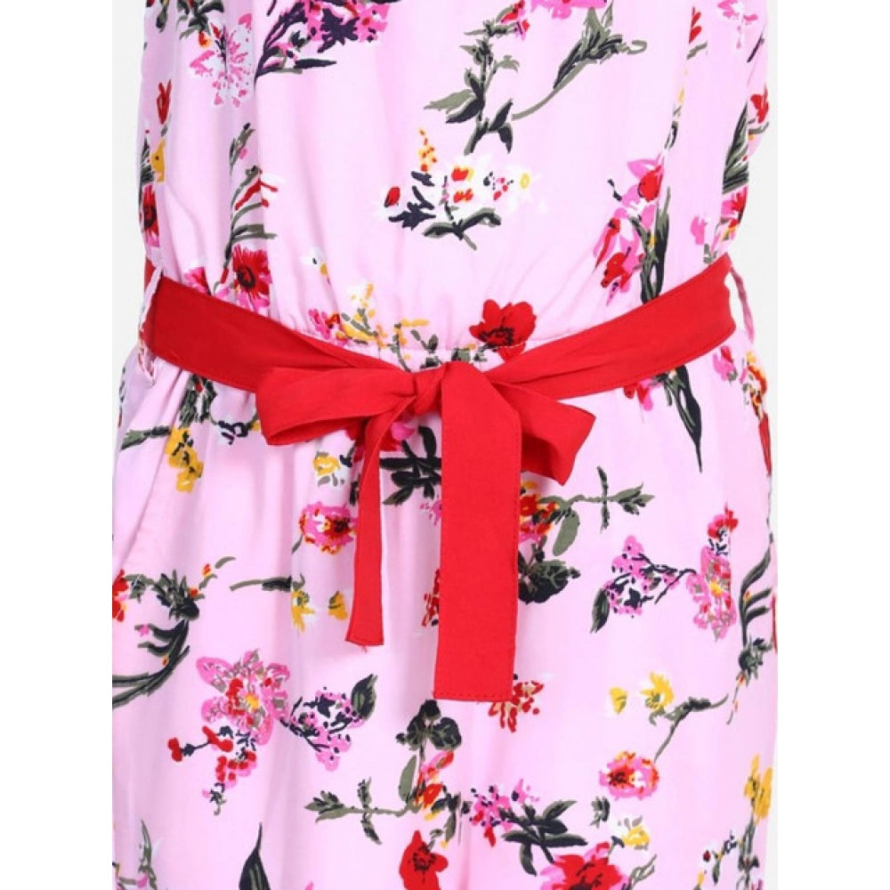 Girl's Polyester Crepe Floral Shoulder Straps Jumpsuit (Pink-Red)