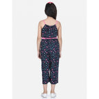 Girl's Rayon Flamingo Print Sleeveless Jumpsuit (Black-Pink)